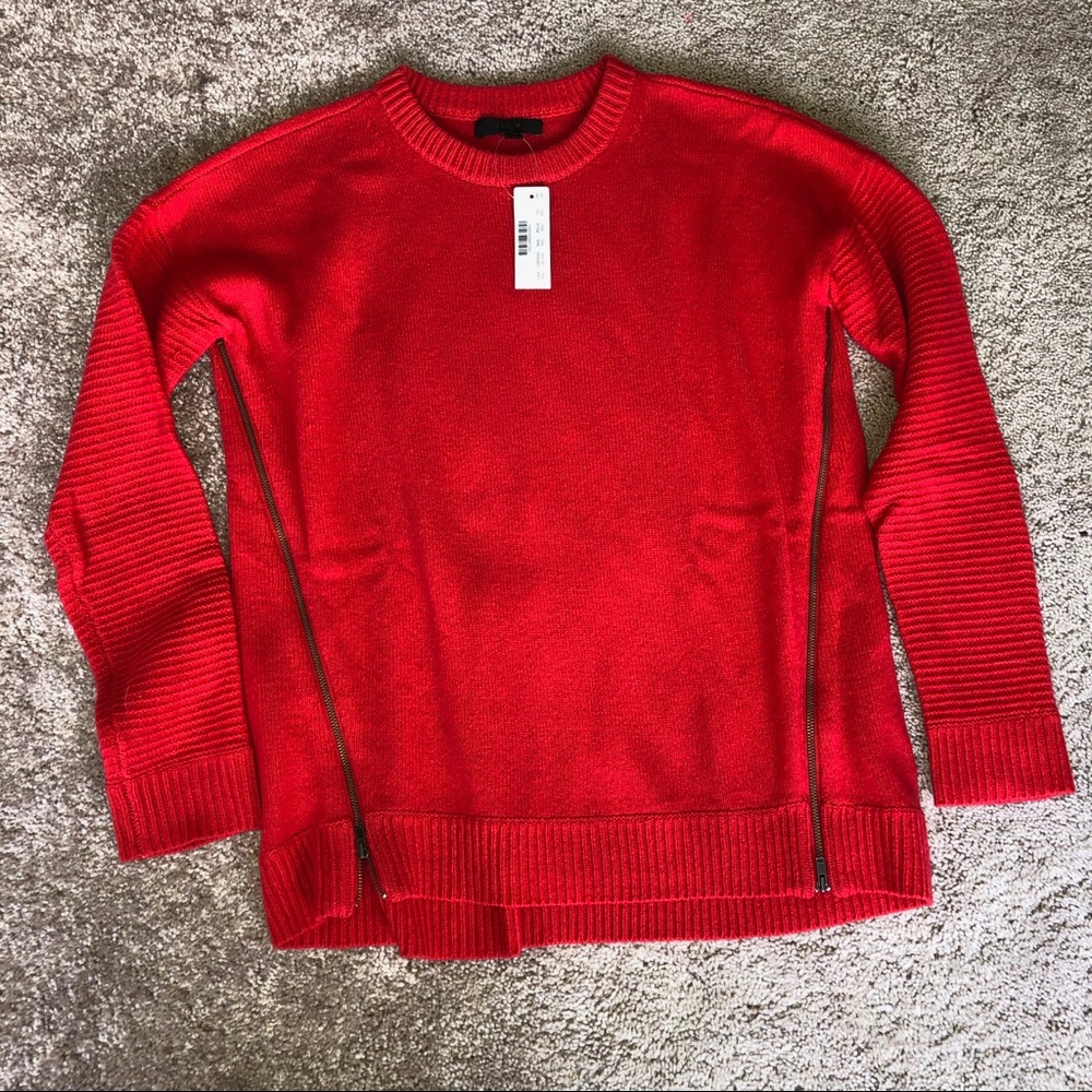 J.Crew Red Lambswool Side Zip Crewneck Sweater